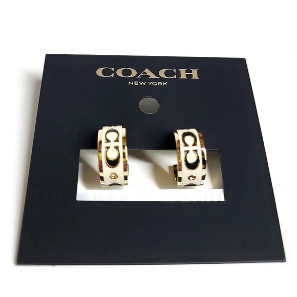 NWOT Coach Signature Enamel and Crystal Huggie Earrings Gold White Plated Brass - Picture 4 of 5